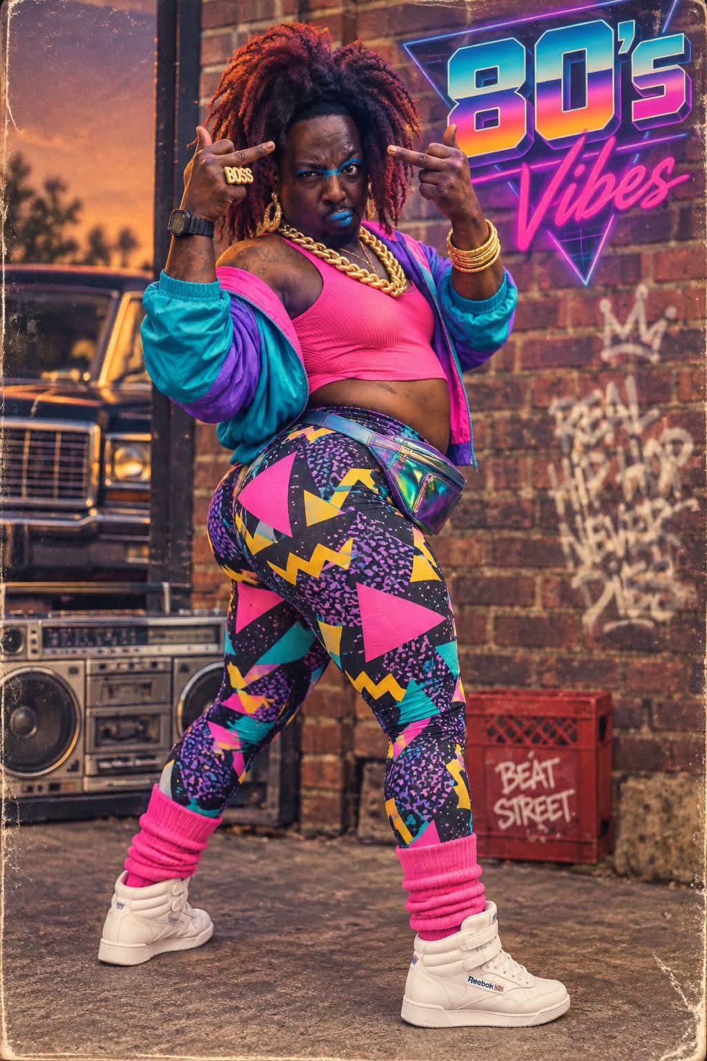 Laquanda in a colorful retro outfit with a boombox